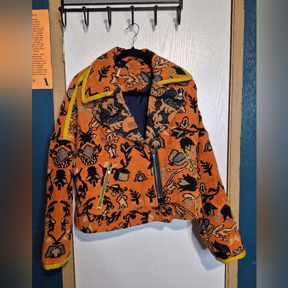 760Free People Mosaic Boxy Tapestry Orange Moto Statement Jacket Coat Motorcycle - Picture 1 of 5